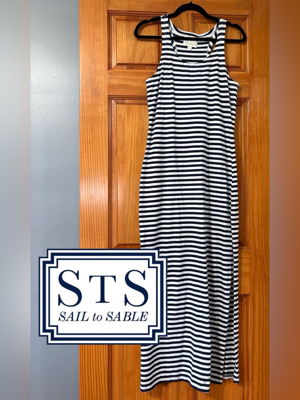 Sail to Sable Navy & White Striped Maxi Dress, XS